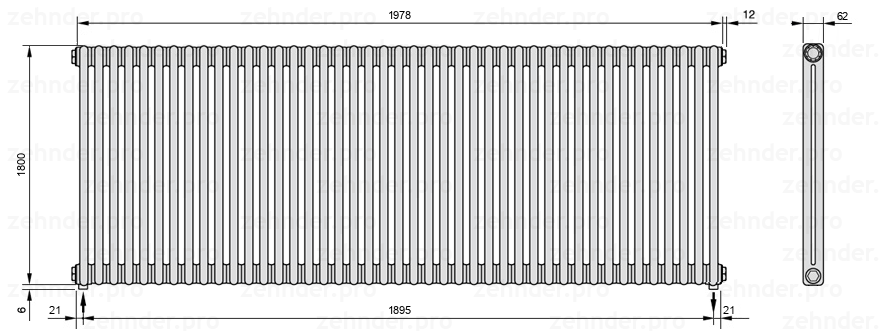 Схема (чертеж) Радиатор Zehnder Charleston 2180/43 №3570 Белый глянцевый RAL 9016